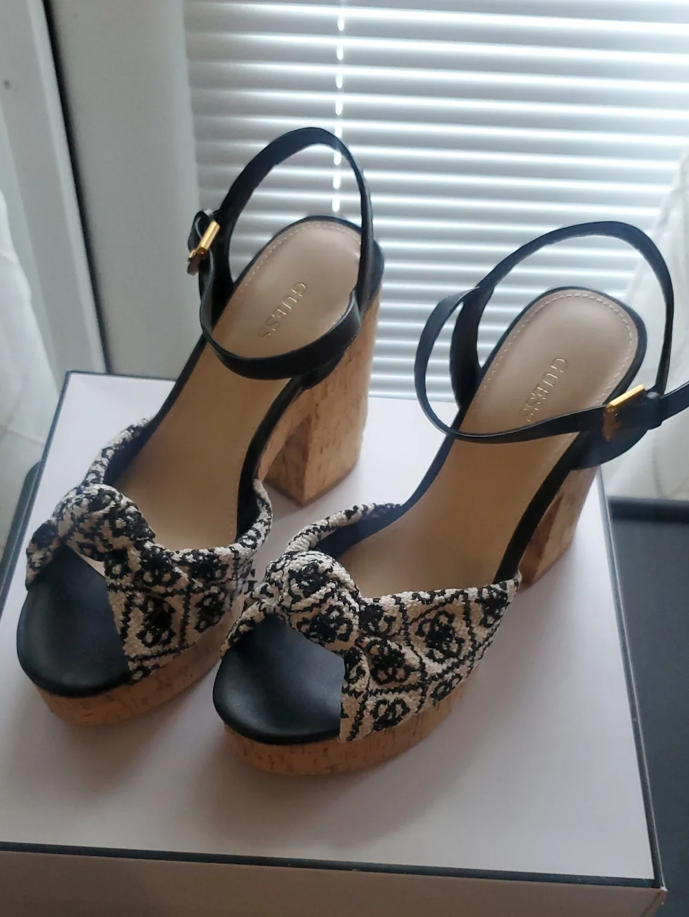 GUESS Black and Ivory Patterned Cork Platform Wedge Sandals